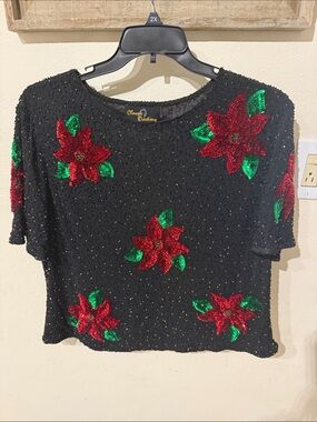 Black Sequin Short-Sleeve Top with Red Poinsettia Motifs